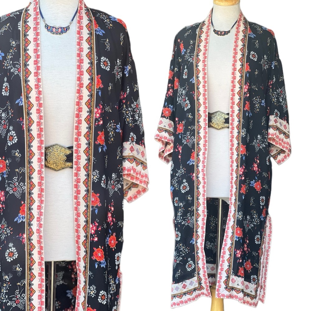Max Studio black floral long kimono duster/jacket|XS - Picture 3 of 8